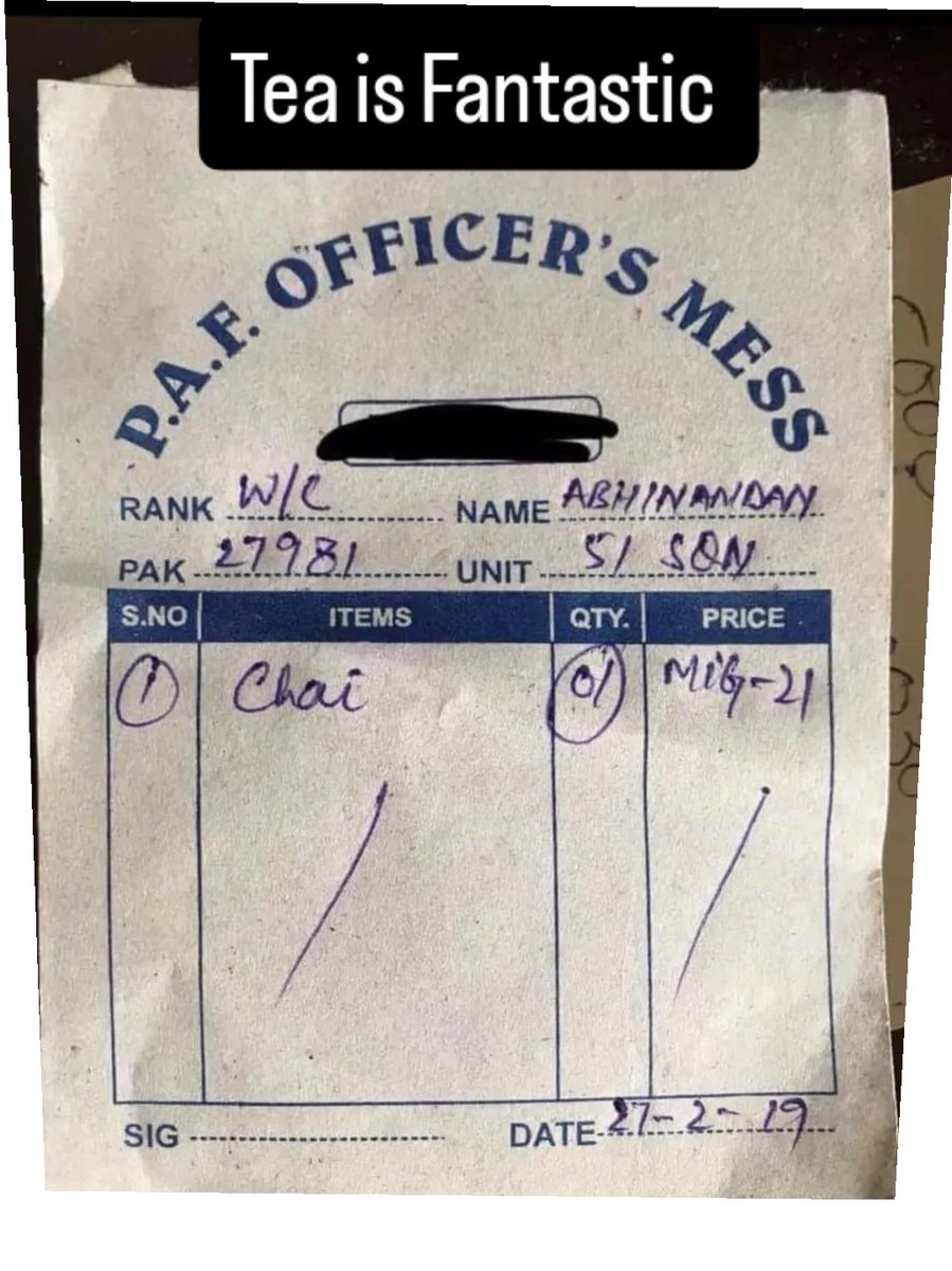 NooruzZahra56's tweet photo. Price of tea = Only 2 fighter jets
Pakistan Hamesha Zindabad ๐ต๐ฐ
#27Feb
#Pakistan
#Swift_retort https://t.co/GKGZA8Nxfo
