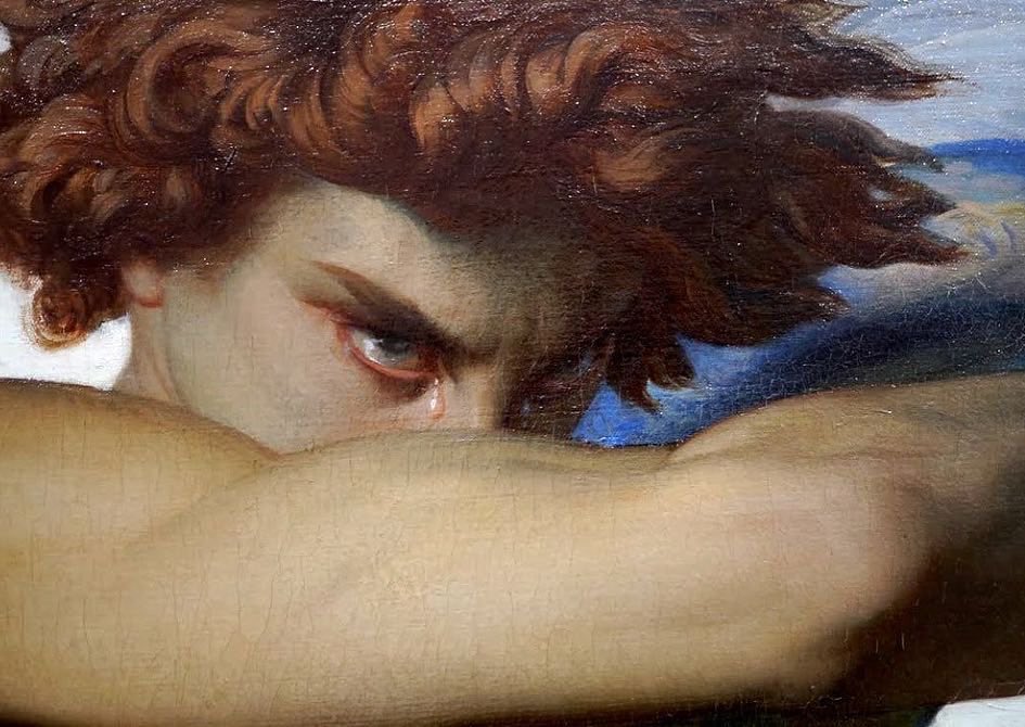 La mirada que desafió al cielo. 
“El ángel caído” (1847) de Alexandre Cabanel, obra maestra que retrata a Lucifer tras su expulsión del paraíso. El rostro muestra un profundo rencor, furia, una mirada intensa y una lágrima, no de arrepentimiento, es soberbia y venganza.