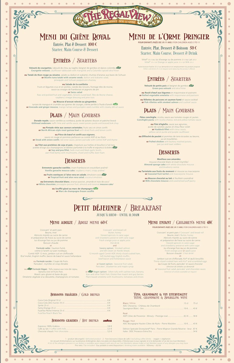 Voici le menu du Regal View Restaurant and Lounge, nouveau restaurant phare de Disney Adventure World !