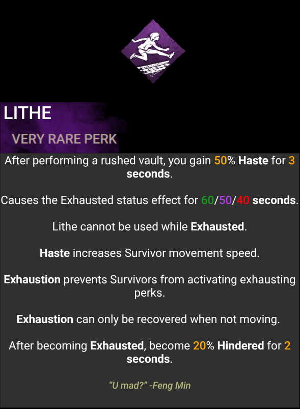 DbdDude's tweet photo. This is my idea of how I would rework/nerf Feng Min perks, cause Lithe is too strong and Technician is ass. 

The Exhaustion description is how I would fix all exhaustion perks by reducing the distance gained when using them, and preventing them from coming back mid chase. https://t.co/O3QGydMcUY