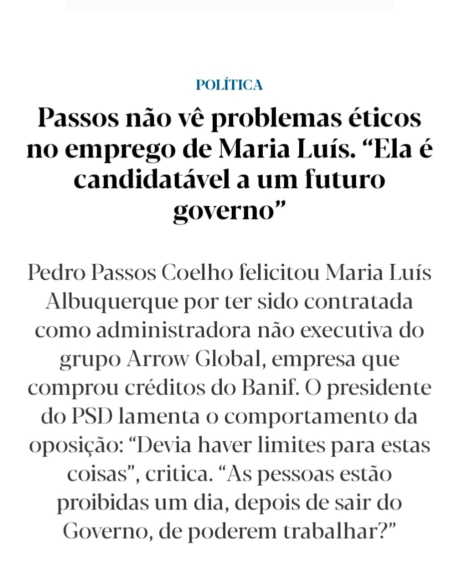 Pedro Passos Coelho criticou (e bem) a nomeação de Luís Neves para o Governo.
O PSD pode responder-lhe citando as suas próprias palavras, quando a porta giratória era a da sua amiga.
Em matéria ética, Pedro Passos Coelho pode ir dar banho ao cão.
amp.expresso.pt/politica/2016-…