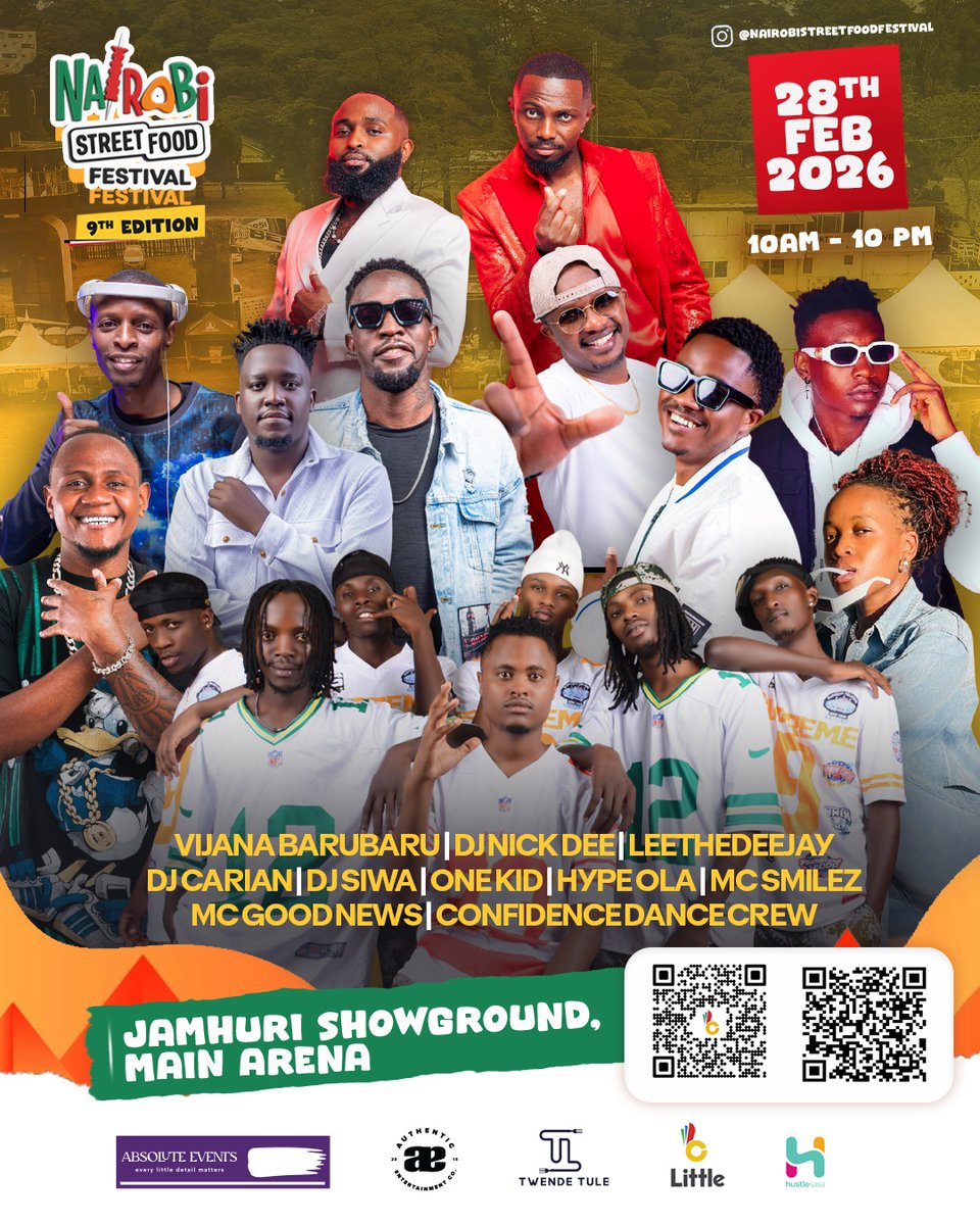 Vijana Barubaru | DJ Nick Dee | Leethedeejay |  + endless street foods, global bites &amp; vibes ALL DAY.  28th Feb, Jamhuri Main Arena.

 Grab your ticket now! 🚨
#TupataneNairobiStreetFest
<a href="/IndomieKenya/">Indomie Kenya</a>
<a href="/UshawishiHQ/">Ushawishi</a>
<a href="/CCBAinKenya/">Coca-Cola Beverages Africa in Kenya</a>
<a href="/KenyaCocaCola/">Coca-Cola Kenya</a>
<a href="/LittleAppKenya/">Little App KE</a>
<a href="/Hustle_Sasa/">HustleSasa</a>