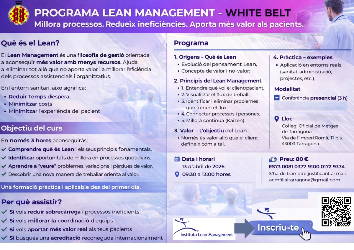 Acmtgna's tweet photo. Nova data: Programa Lean Management (White Belt)
📅13 d’abril de 2026
🕙Horari: de 09.30 h a 13.00 h
📍Inscripcions: https://t.co/jxUJQrU76y https://t.co/Xt86i4W0Xw