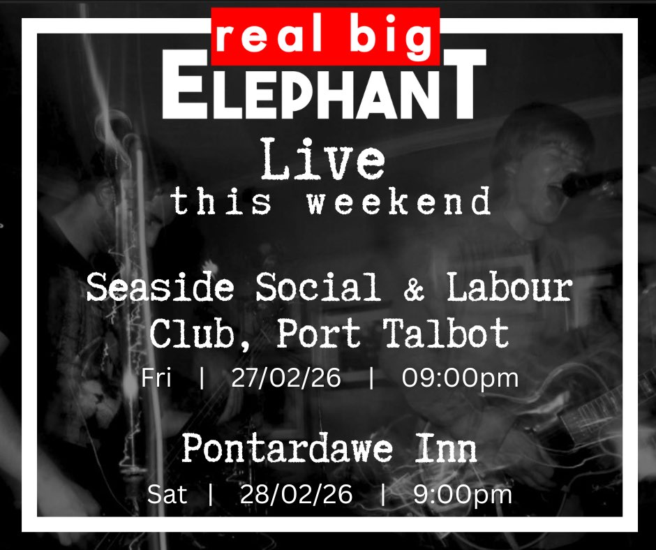RealBigElephant's tweet photo. This weekend we’ll be playing at Seaside Social &amp; Labour Club in Port Talbot on Friday at 9pm.

And on Saturday we’ll be playing at The Pontardawe Inn on Saturday at 9pm.

#LiveMusic #blues #southwalesgigguide #rock #bluesrock #live #livemusic #classic #classicrock #music https://t.co/Oa13339cUI
