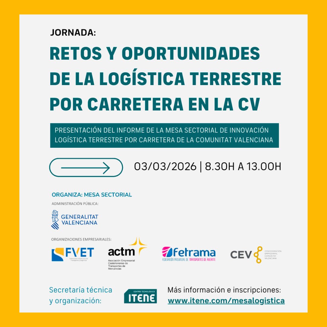 ActmTransporte's tweet photo. 🗓️ Jornada para la presentación del Informe de la Mesa Sectorial de Innovación en Logística Terrestre por Carretera de la Comunitat Valenciana, de la que #ACTM forma parte.
👥 Reunirá a autoridades, empresas y asociaciones clave
🔗 Inscríbete aquí: https://t.co/0cjrwbEsmW https://t.co/jRTbNAANnO