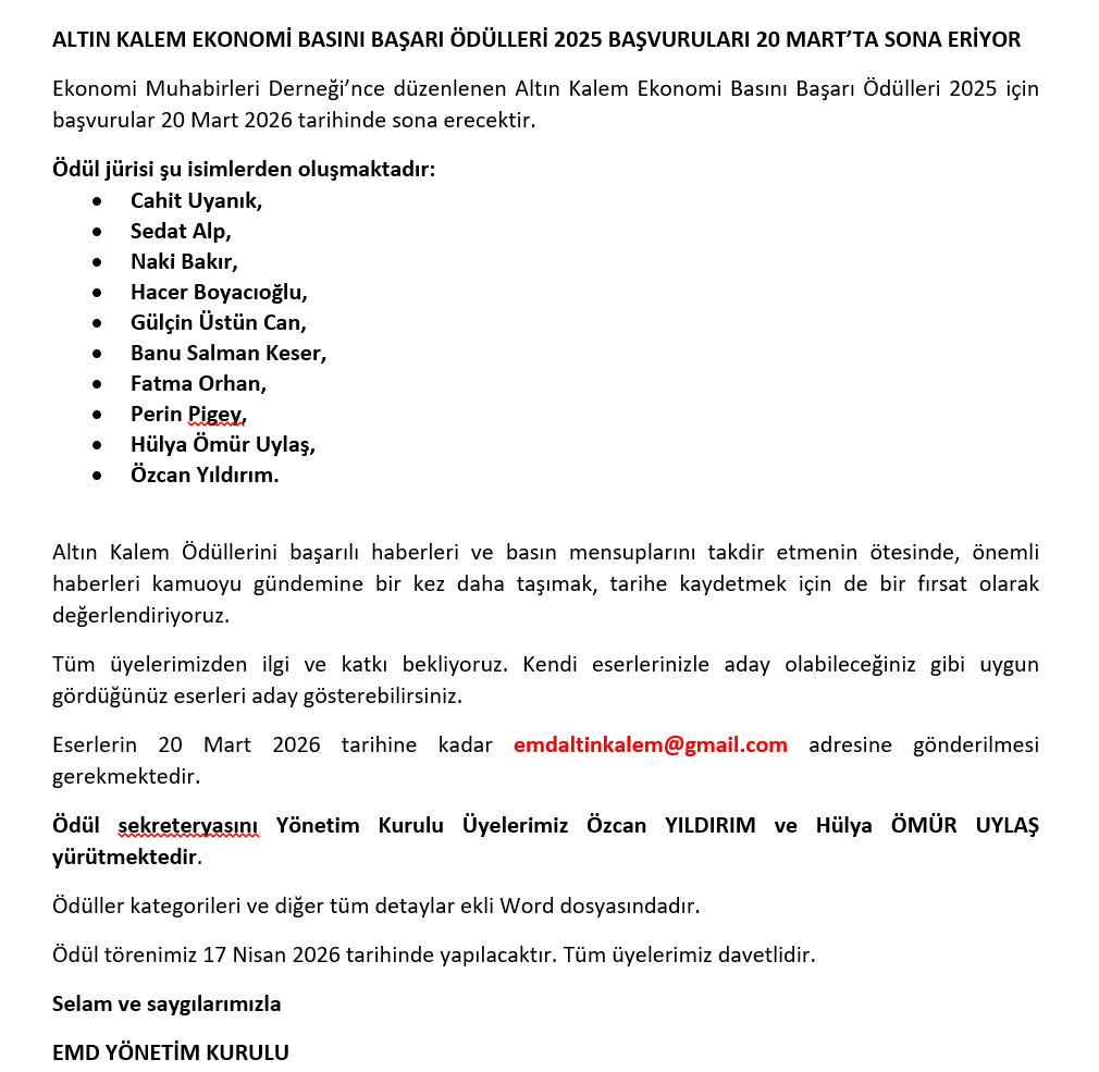 EkonomiMd's tweet photo. EMD Altın Kalem Ekonomi Basını Başarı Ödüllerini başarılı haber-gazetecileri takdir yanında önemli haberleri kamuoyu gündemine bir kez daha taşıma fırsatı olarak değerlendiriyoruz. Kendi eserlerinizle aday olabileceğiniz gibi, uygun gördüğünüz eserleri aday gösterebilirsiniz. https://t.co/dXeLx56mcx