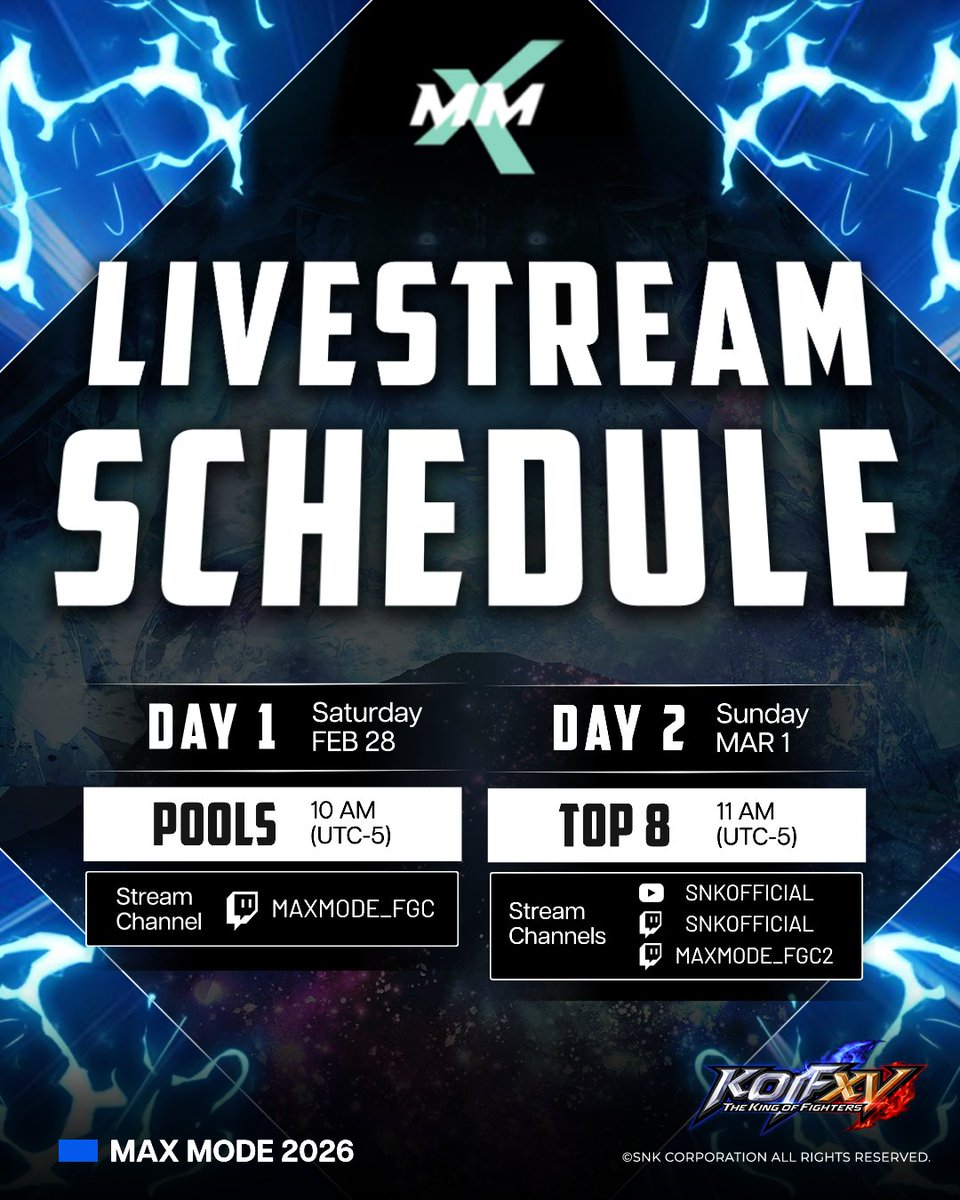 snk_esports_hub's tweet photo. Itโs time for #MAXMODE!
๐ THE KING OF FIGHTERS XV streams start Saturday
10AM EST | 4PM CET | 12AM JST (Mar 1)
Save the date and catch every match live!
#KOFXV https://t.co/CyjflWBcvf