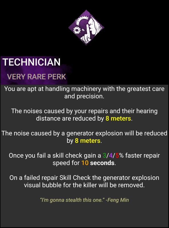 DbdDude's tweet photo. This is my idea of how I would rework/nerf Feng Min perks, cause Lithe is too strong and Technician is ass. 

The Exhaustion description is how I would fix all exhaustion perks by reducing the distance gained when using them, and preventing them from coming back mid chase. https://t.co/O3QGydMcUY