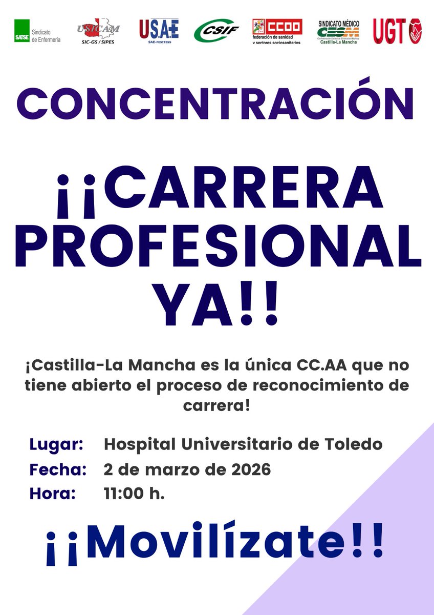 SATSE_CLM's tweet photo. 📢Luchando por nuestros derechos. Este lunes, 2 de marzo, nos concentramos en el Hospital Universitario de Toledo para reclamar al Sescam la reactivación de la carrera profesional ¡Movilízate! #CarreraProfesionalYa
🗓️ 2 de marzo 2026
⏰ 11:00h 
📍 Hospital Universitario de Toledo https://t.co/6ay31tJ3DN