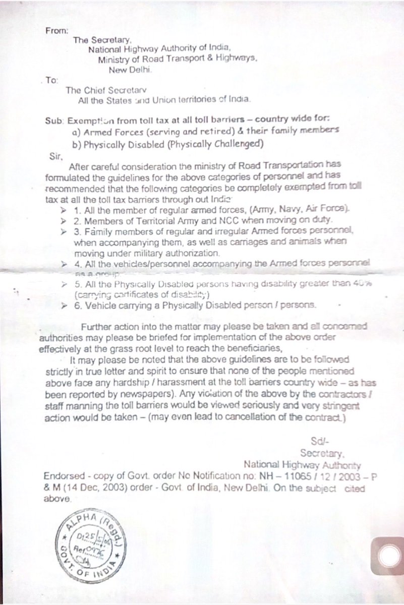 <a href="/akmpnm2004/">AeKayMike</a> <a href="/PunamIndian/">Punam Indian</a> <a href="/manmohan16/">Manmohan</a> <a href="/kayjay34350/">Lt Gen Kamal Jit Singh (Veteran)</a> <a href="/WoodCheat/">Cheat Wood</a> <a href="/ChatyTheCheetah/">Dr. Ankur Chaturvedi🇮🇳</a> <a href="/vigoDoon/">Vikas Gosain</a> <a href="/Warrior_Mukul/">Colonel Mukul</a> <a href="/DefenceMinIndia/">रक्षा मंत्री कार्यालय/ RMO India</a> <a href="/PIB_India/">PIB India</a> <a href="/adgpi/">ADG PI - INDIAN ARMY</a> <a href="/IAF_MCC/">Indian Air Force</a> <a href="/indiannavy/">SpokespersonNavy</a> <a href="/SpokespersonMoD/">Ministry of Defence, Government of India</a> <a href="/HQ_IDS_India/">HQ IDS</a> <a href="/BrigMahalingam/">Brig V Mahalingam</a> <a href="/kakar_harsha/">Maj Gen Harsha Kakar</a> <a href="/SinghNavdeep/">Navdeep Singh</a> <a href="/vikramwkarve/">Vikram Waman Karve</a> <a href="/Jaykaul/">Brig. Jay Kaul , Veteran</a> <a href="/PashaSehgal/">Lt Gen DP Sehgal</a> <a href="/jessisajan/">Sajan</a> <a href="/bsrangi/">bahadur rangi</a> <a href="/cmseth1/">Maj. Gen. CM Seth</a> <a href="/just_1_singh/">Jaswant Singh</a> <a href="/MajorPoonia/">Major Surendra Poonia</a> <a href="/Neeraj7888/">Lt Col Neeraj Sharma, Veteran</a> <a href="/SmritiRDas1/">Smriti R Das</a> <a href="/tksapru/">Lt Gen Tej Sapru (R)</a> <a href="/GenKumar/">vinod kumar, Maj Gen</a> <a href="/ArunBajpai/">Brig Arun Bajpai</a> <a href="/SushilBhasin/">Brig Sushil Bhasin</a> <a href="/BJP4India/">BJP</a> <a href="/PMOIndia/">PMO India</a> <a href="/narendramodi/">Narendra Modi</a> <a href="/ColTekpal/">The Army Guy</a> <a href="/ColCharanjit/">Charanjit Khera</a> <a href="/ajitbhinder/">Col Ajit Singh Bhinder🇮🇳</a> <a href="/Col_Bharat/">Col Bharat Sharma,EME</a> <a href="/MajDPSingh/">Major D P Singh</a> <a href="/rwac48/">Lt Gen H S Panag(R)</a> <a href="/ashokkmrsingh/">Ashok</a> <a href="/Rajeev_mp/">Rajeev</a> <a href="/nylalsingh/">Rao Lalsingh 🇮🇳</a> <a href="/Gen_VKSingh/">Gen VK Singh</a> <a href="/Ra_THORe/">Col Rajyavardhan Rathore</a> <a href="/rakesharma15/">Lt Gen Rakesh Sharma</a> <a href="/TimesNow/">TIMES NOW</a> Matter on Tolls was earlier fully settled in 2003..Min of Law had clarified that AF pers are unconditionally exempt from payment of Tolls by Law..subsequently <a href="/MORTHIndia/">MORTHINDIA</a> &amp; <a href="/NHAI_Official/">NHAI</a> had issued a detailed clarification/ guidelines for strict compliance by toll booth oprs👇..