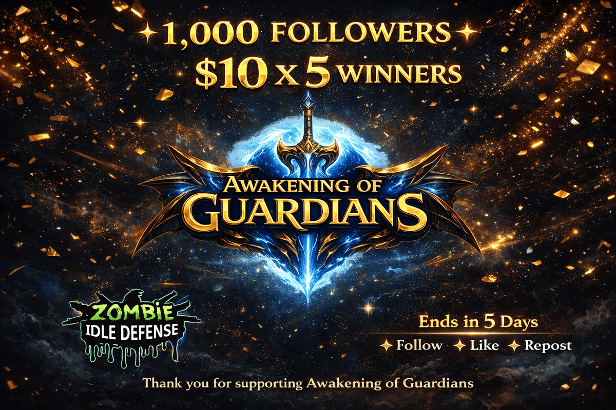 1K FOLLOWERS GIVEAWAY
Awakening of Guardians just hit 1,000 followers! To celebrate this milestone, we’re giving away:
💰 $10 x 5 winners
To join:
✅ Follow <a href="/AOGuardians_xyz/">Awakening of Guardians</a> &amp; <a href="/zombieidle/">Zombie Idle Defense</a>
✅ Like &amp; Repost
✅ Tag 2 friends
Ends in 5 days
🏆 Winners announced 24 hours after closing