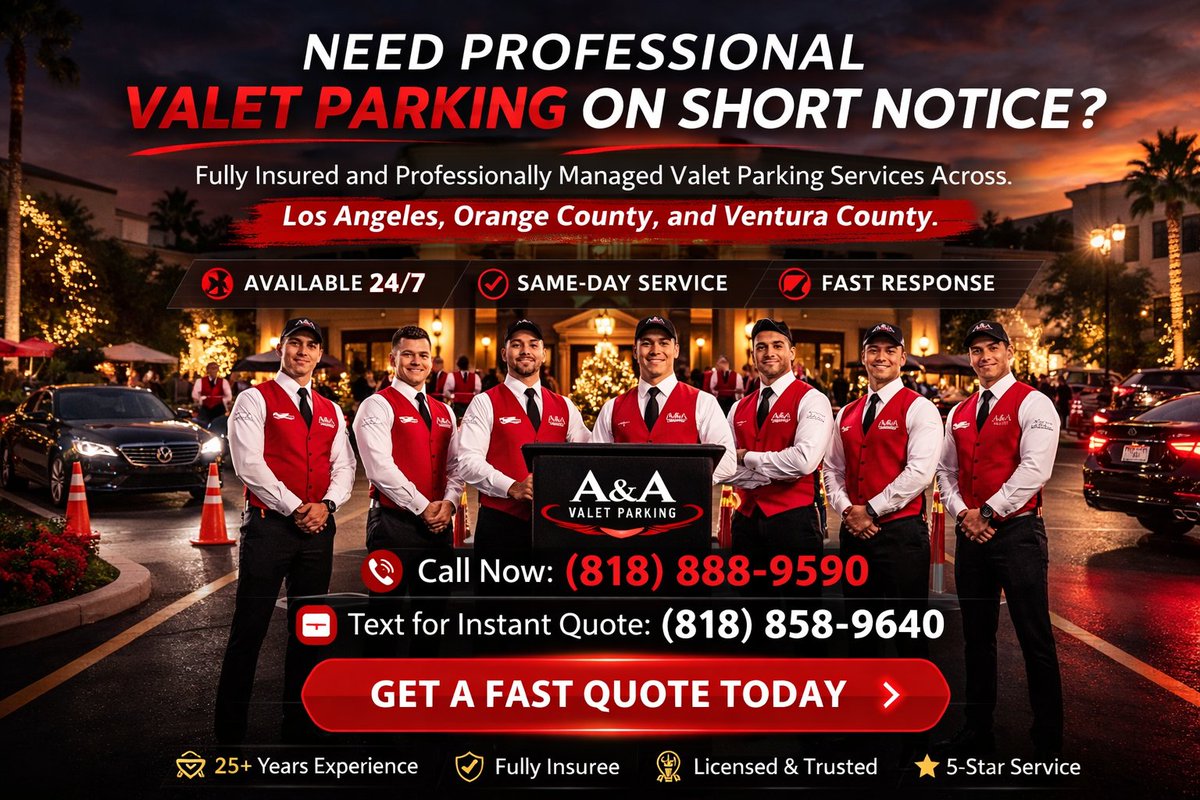 aaparking's tweet photo. Stress-free valet parking, anytime!

Trust A&amp;A Parking Services,Inc. for prompt, professional service across LA, OC, and Ventura County. Available 24/7, Fully Insured &amp; licensed, service you can count on. Call now for a fast quote!

#ValetService #LuxuryParking #CustomerFirst https://t.co/pE9QntTOLK