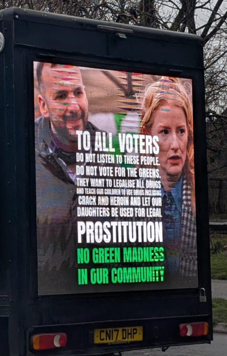ManDenis's tweet photo. @adamlangleben How can you have this van going round and say it was your opponent that was using fear and division? You are literally lying about Green policies to whip up fear and division. https://t.co/wnU7sG4k4P