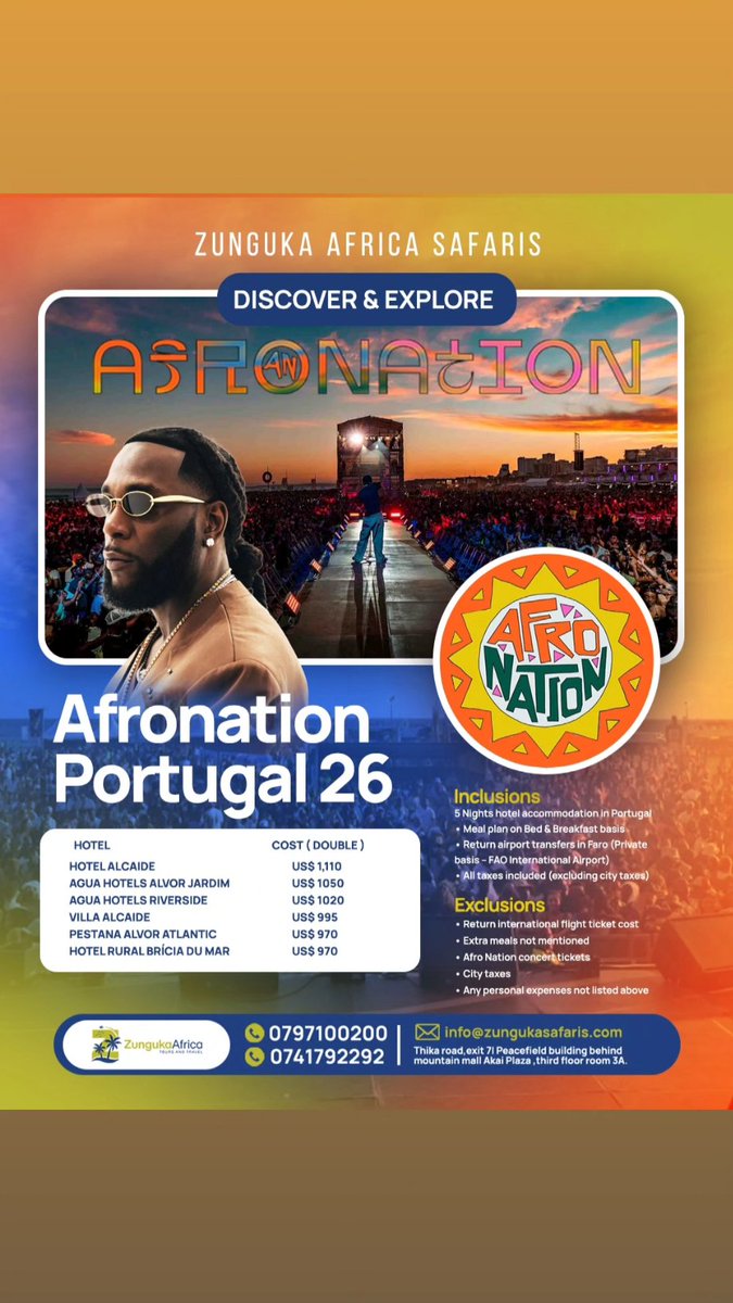 The biggest Afrobeats and Amapiano celebration in the world. Let Zunguka Africa get you there for an unforgettable festival experience.

Book with us today :
📞0797100200/0741792292
📧info@zungukasafaris.com 

#ZungukaAfricaSafaris #zungukaexperience #portugal #vacation