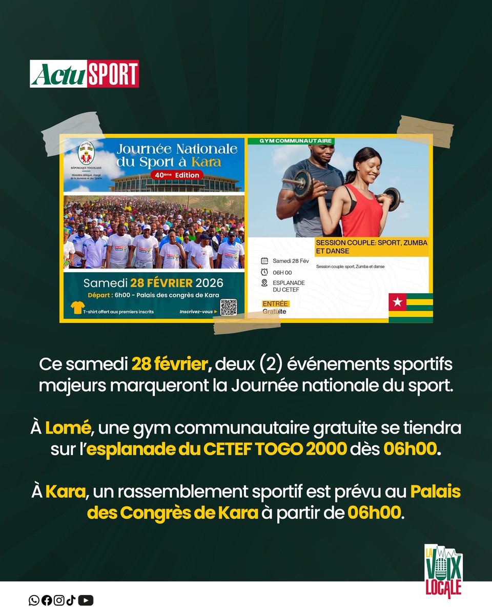Voixlocale's tweet photo. Ce samedi 28/02, deux événements sportifs sont prévus au #Togo.
À #Lomé, à partir de 6h00 une séance gratuite de gym communautaire se tiendra au CETEF TOGO 2000.
À Kara, un grand rassemblement sportif est prévu avec un départ au Palais des Congrès de #KARA dès 6h00.
#VoixLocale https://t.co/BWuwT3X5pg