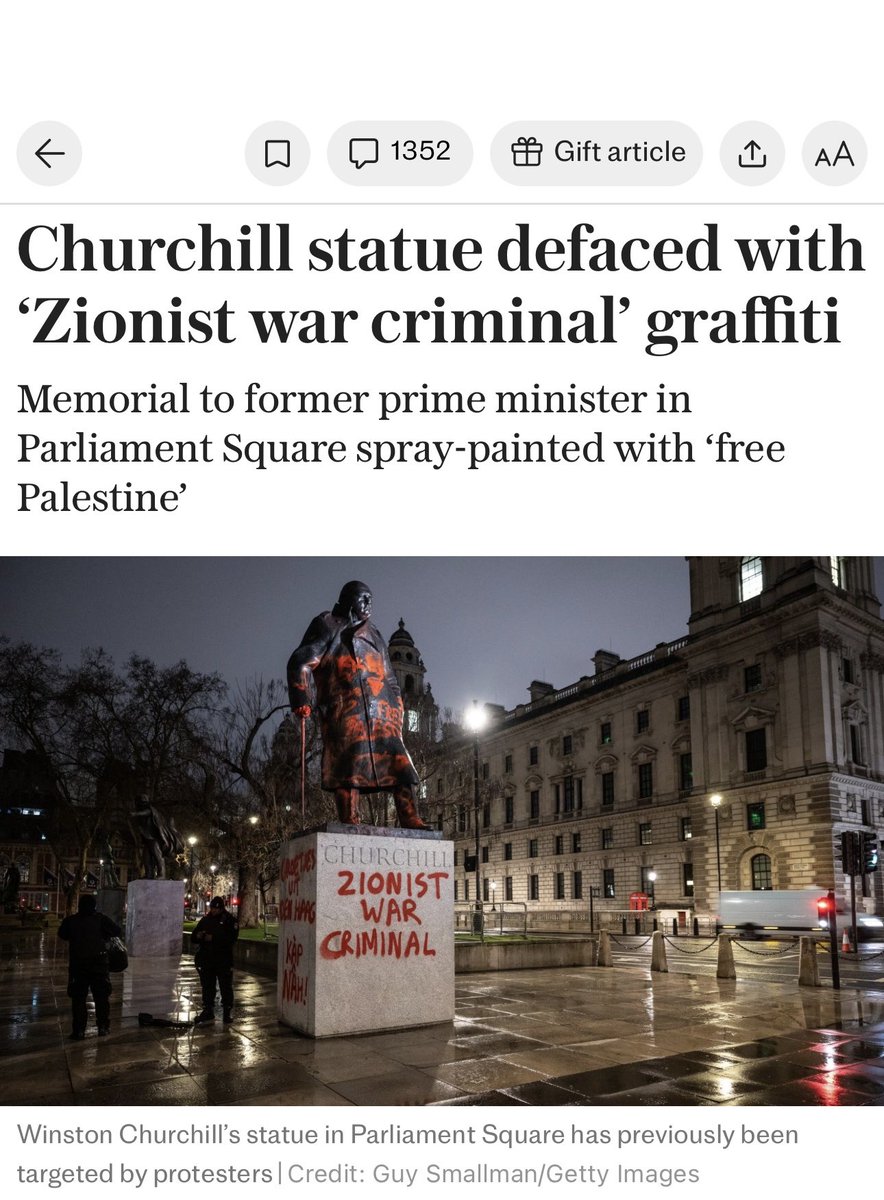 Churchill is a great British hero.
 
Those disgraceful vandals have no regard for our values or any understanding of the tyranny he fought and the freedoms he secured.
 
Churchill’s greatness will always stand tall and overshadow those feeble cowards…