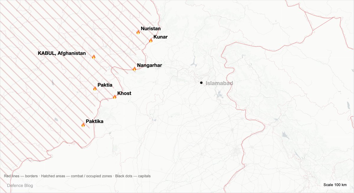 Pakistan’s Air Force carried out airstrikes in Kabul after escalating border clashes with Taliban-controlled Afghanistan, as Islamabad declared the conflict an “open war.” Fighting is now reported across six Afghan border provinces, with both sides announcing offensive