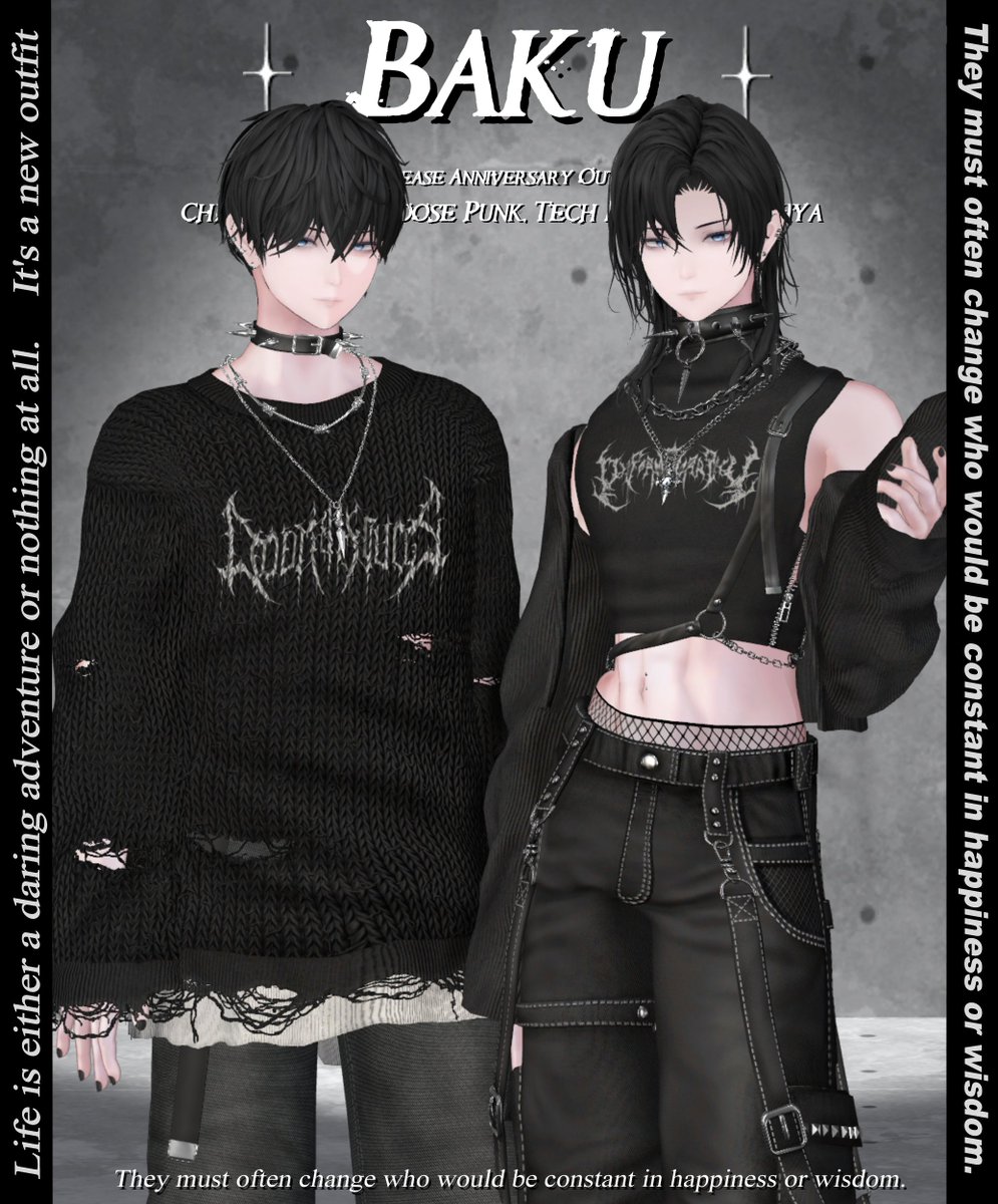 Loose Punk, Chrome Decay  (for Baku)

▪️✖️RT EVENT✖️▪️

[RT+Follow]してくださった方の中から3名様に対応衣装をプレゼントします！

📢Released SALE  2/27 ~ 3/8 
Loose Punk  1600円➡️1300円
Chrome Decay  2000円➡️1600円

Booth Link
Chrome Decay
3bon.booth.pm/items/7653818
Loose Punk