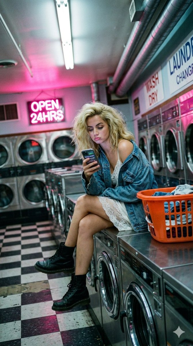 IslaSterling's tweet photo. Late night laundry
Gemini Nano Banana 2 

{
  "prompt_description": {
    "type": "Cinematic slice-of-life shot",
    "subject": "Actress resembling Sydney Sweeney hanging out in a 24-hour laundromat",
    "celebrity_features": {
      "hair": "Voluminous, fluffy blonde blowout, slightly frizzy from the ambient humidity",
      "expression": "Bored but captivating pout, face softly illuminated entirely by the glow of a smartphone screen she is looking down at",
      "outfit": "Faded oversized blue denim jacket slipping off one shoulder over a delicate white lace slip dress, scuffed black combat boots",
      "makeup": "Dewy, glowing skin, subtly smudged mascara, flushed cheeks"
    },
    "environment": {
      "location": "Empty, brightly colored retro laundromat at 2 AM",
      "setting": "Sitting casually cross-legged on top of a row of chrome front-loading washing machines, a bright orange plastic laundry basket beside her",
      "lighting": "Intense HDR cinematic lighting. Stark, cool-white fluorescent ceiling tubes clashing beautifully with a vibrant, hot-pink 'OPEN 24HRS' neon sign reflecting directly off the polished chrome and glass of the washing machines",
      "atmosphere": "Moody, highly stylized realism, visible 35mm film grain, hyper-detailed reflections and fabric textures",
      "camera_details": "Shot with a 35mm lens at f/2.8 for sharp focus but soft background"
    },
    "framing": {
      "aspect_ratio": "Vertical 9:16",
      "angle": "Dramatic Dutch angle (tilted framing), shot from a low vantage point near the tiled floor aiming up at the subject",
      "focus": "Sharp focus on the subject and the illuminated phone screen, blurring the endless row of machines in the background"
    }
  }
}