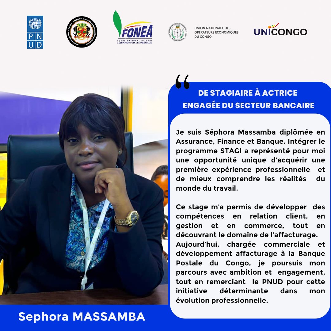 PNUDRepduCongo's tweet photo. REGARD SUR | Sephora Massamba
À 24 ans, elle est passée de stagiaire à Chargée commerciale en affacturage à la Banque Postale du Congo grâce au programme #STAGI.
Un tremplin vers l’emploi, l’autonomie et le leadership féminin.
🙏 Merci au Gouvernement du Congo, au Ministère de la Jeunesse et à tous les partenaires engagés cc @BanquePostale @GouvernementCG @PR_Congo @congo
#ObjectifParité #PNUDCongo #Insertion