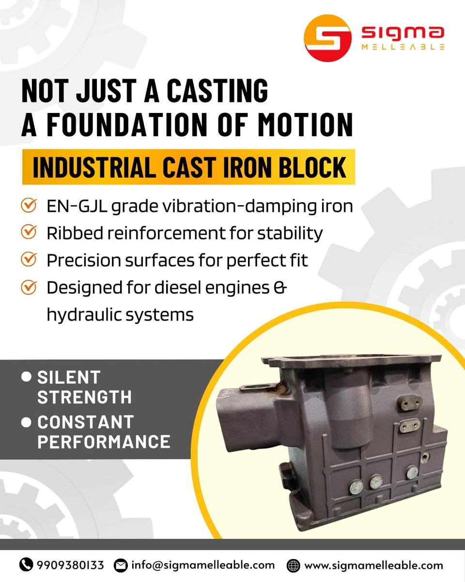 sigmamelleable's tweet photo. Reliable Industrial Cast Iron Blocks for OEMs &amp; heavy machinery manufacturers. Engineered for durability and a perfect fit. Call: 99093 80133 
#SigmaMelleable #PumpComponents #PumpCasting #WearResistant #RobustDesign  #IndustrialPumps #MetalCasting #FoundryIndia https://t.co/vYskeFBDjS