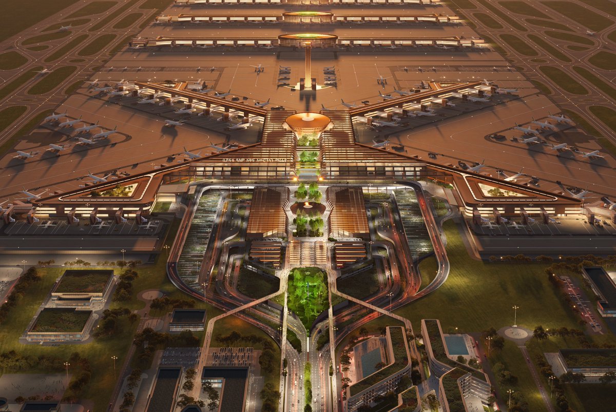 TheB1M's tweet photo. This massive $12.5BN new airport is currently under construction in Ethiopia. Designed by Zaha Hadid Architects for Africa's largest carrier Ethiopian Airlines Group, phase one of Bishoftu International is set to serve 60 million passengers a year, with capacity rising to 110 million passengers (through four runways) once all subsequent phases are built.

The airport sits around 40km south of Ethiopia's capital Addis Ababa and has been primarily designed as a transit hub – it's expected that some 80% of passengers arriving will board connecting flights without leaving the building.

Phase one is targeting a 2030 completion date.

📷 ZHA