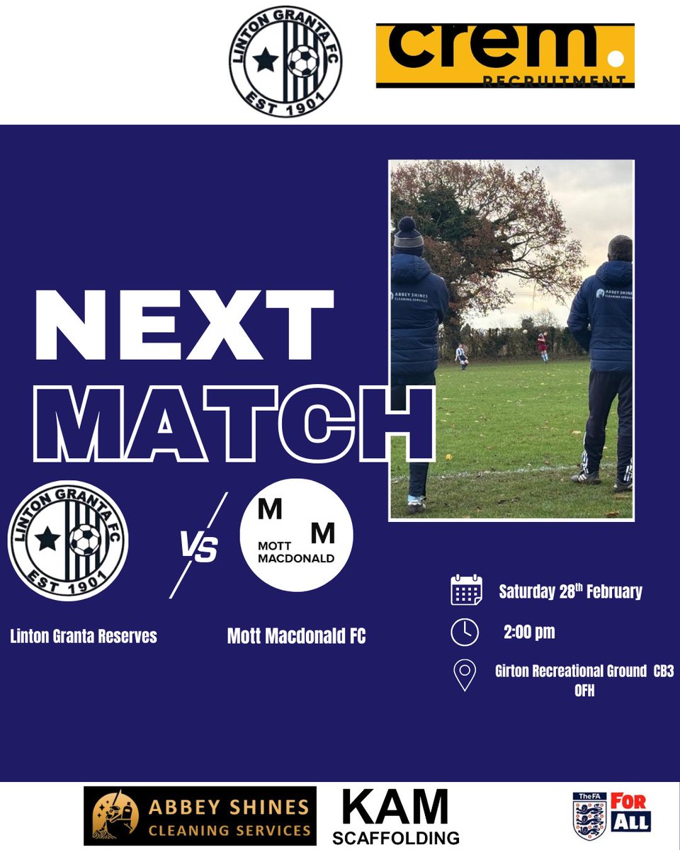 TheLintonGranta's tweet photo. The Reserves travel to Girton this Saturday to face Mott Macdonald in league action  .🔵⚪️
📍Girton Recreational Ground
📆Saturday 28th February 
🕥 2:00 Kick off
@AbbeyShinesCS 
@CremRecruitment 
@kamscaffolding https://t.co/qs7r97CedJ
