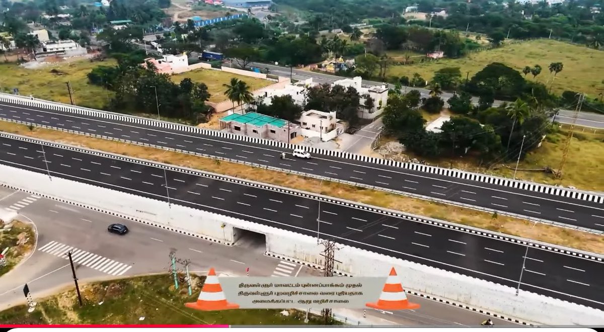 🚨A completed section of Chennai Peripheral Ring Road (6 lane + 2 lane service road) from Punnapakkam till Tiruvallur was opened yesterday by CM Mk Stalin... #Chennai #Infra