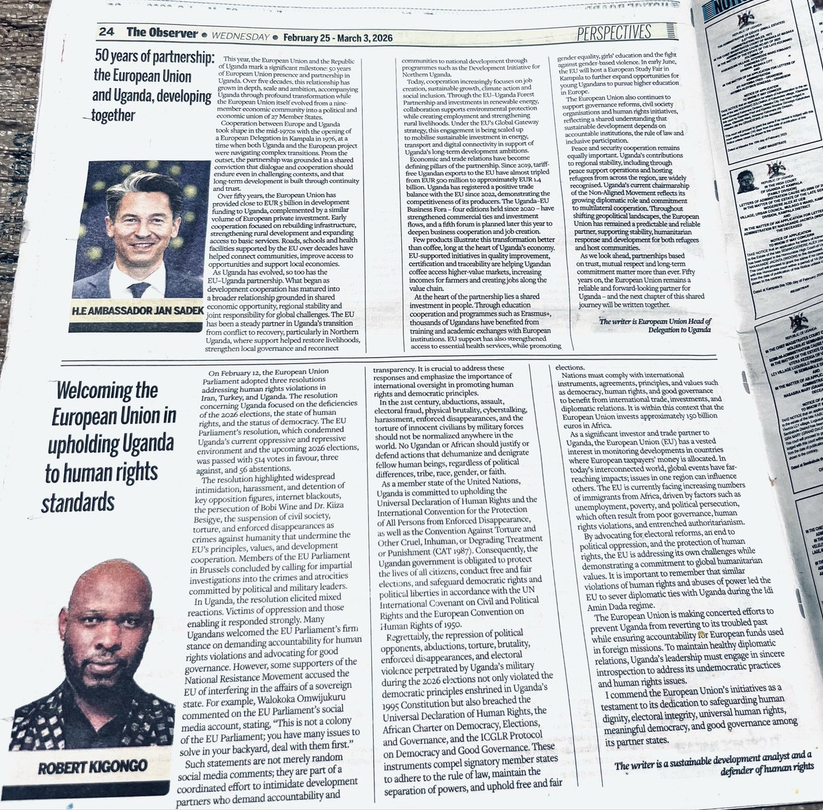 kigongokr7's tweet photo. Here is✍🏽my article📰 @observerug welcoming @Europarl_EN guardrail gesture for Human Rights protection &amp; Safeguarding Democracy in Uganda🇺🇬! I was also humbled to share spotlight w/ @JanSadek head of @EUinUG delegation
📌https://t.co/Mx8viDwzI1 #Write4Rights @amnesty #W4R25 https://t.co/xh3fYyxPfN
