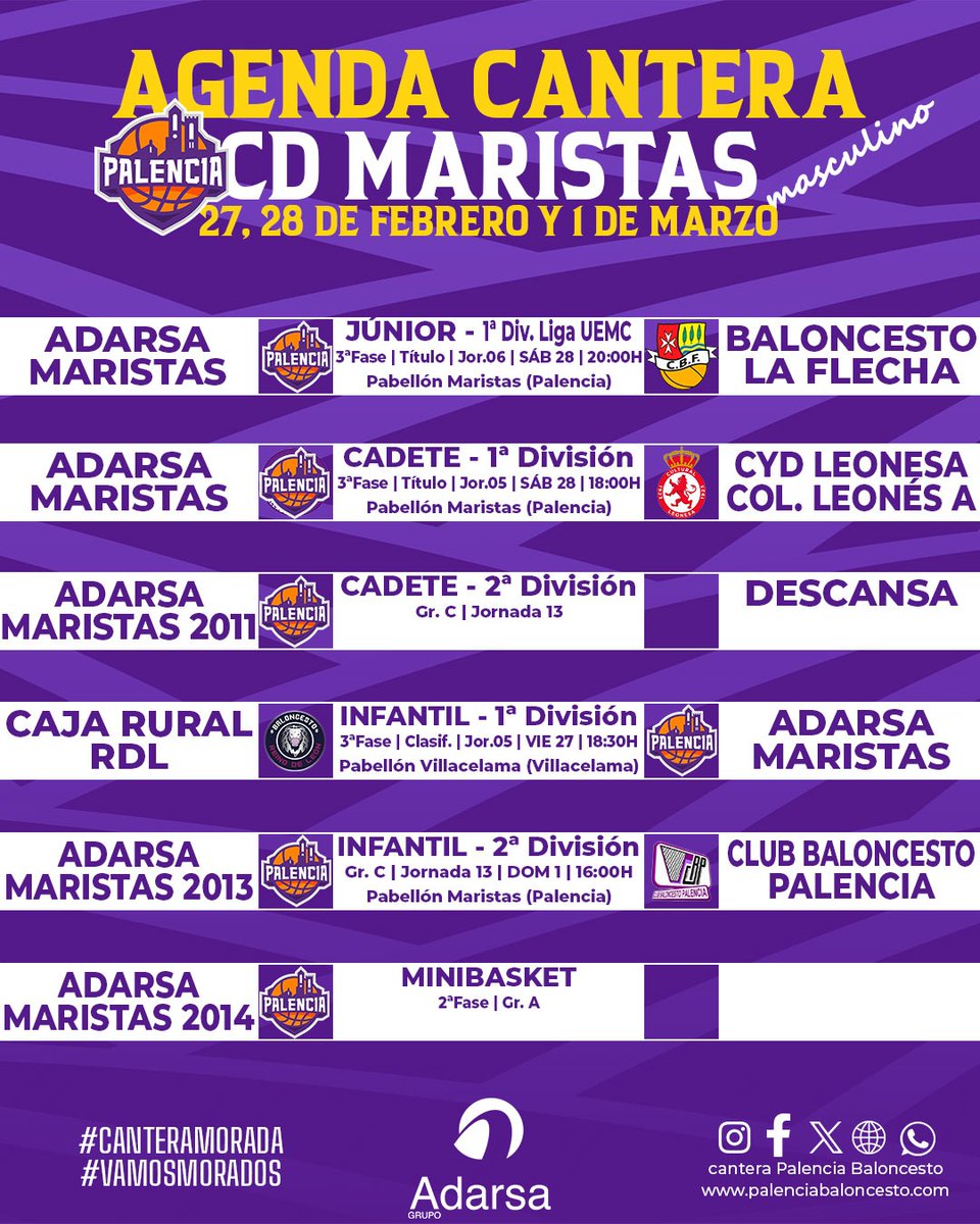 PBcantera's tweet image. #AgendaMorada | #Autonómicos @FBCyL

💜 Por cortesía del @grupoadarsa ofrecemos los encuentros que disputarán nuestros equipos este fin de semana

🟣 Hoy arranca un fin de semana para los conjuntos colegiales con importantes choques

#CDMaristas
#VamosMorados
#GuerrerasMoradas