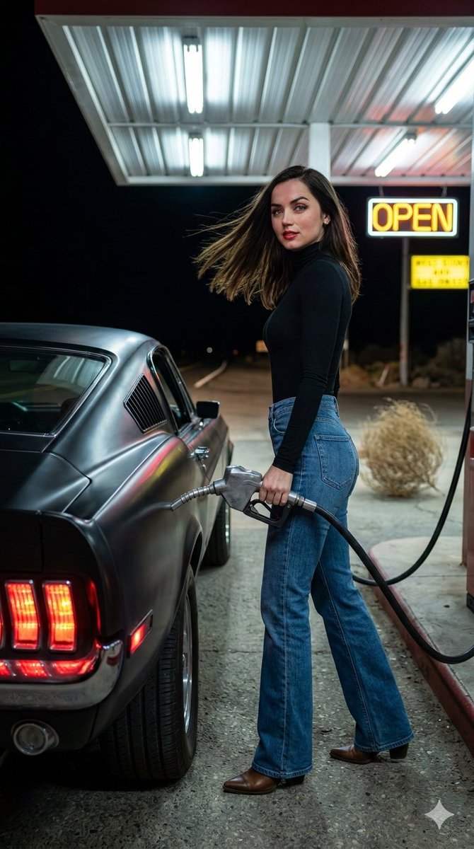IslaSterling's tweet photo. Time for refueling 
With Gemini Nano Banana 2

{
  "prompt_description": {
    "type": "Cinematic paparazzi action shot",
    "subject": "Actress resembling Bellie Erish  at a retro gas station",
    "celebrity_features": {
      "hair": "Bellie Erish hairstyle e",
      "expression": "Mysterious, looking over her shoulder directly at the lens with a faint, knowing smile",
      "outfit": "Tight black turtleneck bodysuit, high-waisted flared denim jeans, pointed leather boots",
      "makeup": "Classic Hollywood glam with a modern twist, sharp winged eyeliner, bold red lip"
    },
    "environment": {
      "location": "A desolate, neon-lit vintage gas station in the middle of a desert highway at night",
      "setting": "Standing beside a matte-black classic 1960s muscle car, casually holding the metal gas nozzle while refueling",
      "lighting": "Hyper-realistic nighttime HDR. The harsh, cool-white fluorescent lights of the gas station canopy clash intensely with the glowing red taillights of the car and a buzzing yellow neon 'OPEN' sign in the background",
      "atmosphere": "Cinematic thriller vibes, gritty realism, deep shadows, highly reflective car paint showing the surrounding neon lights",
      "camera_details": "Shot with a prime lens for maximum sharpness, capturing motion blur in a passing tumbleweed"
    },
    "framing": {
      "aspect_ratio": "Vertical 9:16",
      "angle": "Low Dutch angle, shot from near the rear tire of the car looking up and across at the subject",
      "focus": "Ultra-sharp on the celebrity's face and the metallic gas nozzle, blurring the distant desert highway"
    }
  }
}