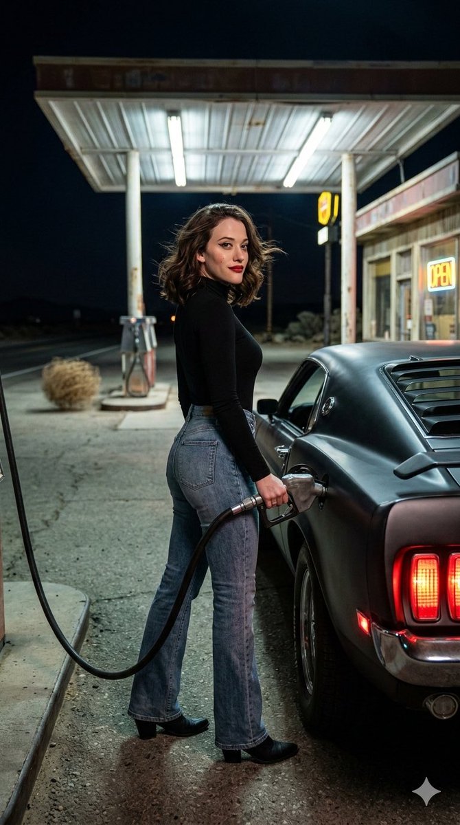 IslaSterling's tweet photo. Time for refueling 
With Gemini Nano Banana 2

{
  "prompt_description": {
    "type": "Cinematic paparazzi action shot",
    "subject": "Actress resembling Bellie Erish  at a retro gas station",
    "celebrity_features": {
      "hair": "Bellie Erish hairstyle e",
      "expression": "Mysterious, looking over her shoulder directly at the lens with a faint, knowing smile",
      "outfit": "Tight black turtleneck bodysuit, high-waisted flared denim jeans, pointed leather boots",
      "makeup": "Classic Hollywood glam with a modern twist, sharp winged eyeliner, bold red lip"
    },
    "environment": {
      "location": "A desolate, neon-lit vintage gas station in the middle of a desert highway at night",
      "setting": "Standing beside a matte-black classic 1960s muscle car, casually holding the metal gas nozzle while refueling",
      "lighting": "Hyper-realistic nighttime HDR. The harsh, cool-white fluorescent lights of the gas station canopy clash intensely with the glowing red taillights of the car and a buzzing yellow neon 'OPEN' sign in the background",
      "atmosphere": "Cinematic thriller vibes, gritty realism, deep shadows, highly reflective car paint showing the surrounding neon lights",
      "camera_details": "Shot with a prime lens for maximum sharpness, capturing motion blur in a passing tumbleweed"
    },
    "framing": {
      "aspect_ratio": "Vertical 9:16",
      "angle": "Low Dutch angle, shot from near the rear tire of the car looking up and across at the subject",
      "focus": "Ultra-sharp on the celebrity's face and the metallic gas nozzle, blurring the distant desert highway"
    }
  }
}
