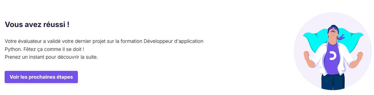 Après 1 an d’investissement intense, je viens de valider mon dernier projet de la formation Développeur d’application Python

Je suis parti de très loin.
Il me reste encore énormément à apprendre.
Mais aujourd’hui, je savoure le chemin parcouru.

👉Niveau Bac+3/+4 (Licence) 🚀