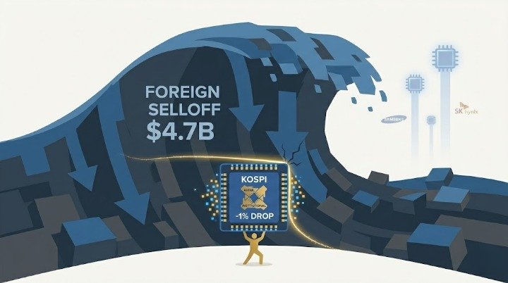 foreigners just dumped $4.7 billion of korean stocks in a single session. all-time record. broke the previous record set three weeks ago.

KOSPI dropped 1%.

read that again. the largest foreign selloff in korean market history moved the index one percent. retail investors
