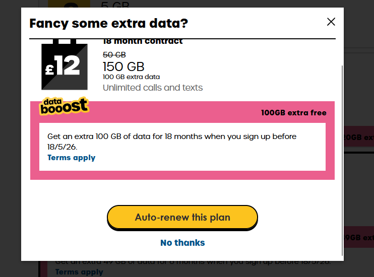jonathand's tweet photo. @giffgaff I'm sorry but this is SO unethical, completely hiding the "No thanks" button until you realise you have to scroll down. Trying to trick people into switching from the £12 rolling plan to the £12 contract for 18-months. https://t.co/r9vWxDvQCM