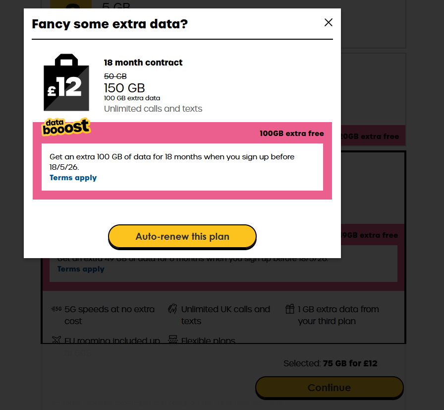 jonathand's tweet photo. @giffgaff I'm sorry but this is SO unethical, completely hiding the "No thanks" button until you realise you have to scroll down. Trying to trick people into switching from the £12 rolling plan to the £12 contract for 18-months. https://t.co/r9vWxDvQCM