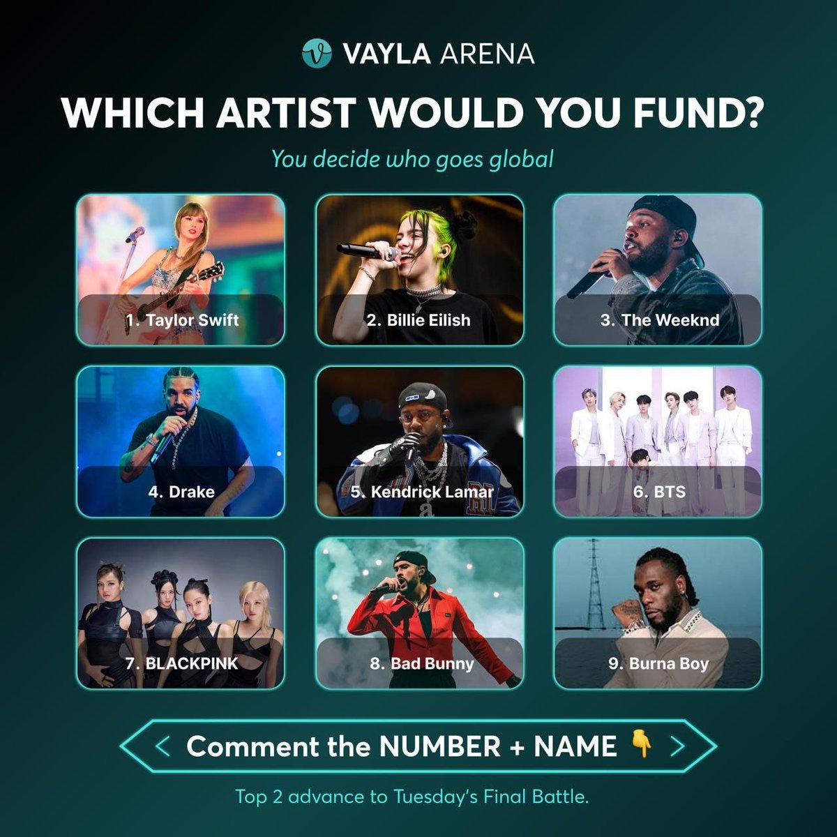 🎤 VAYLA GLOBAL STAGE
Which Artist Would You Fund?

If you could invest in just ONE artist
to go global, who would you choose? 

From the 9 musicians in the image,
comment the number and name
of the artist you would fund.

#VAYLA #GlobalStage