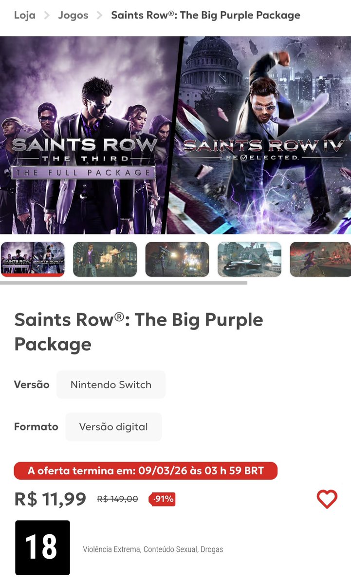 Ontem aproveitando que tinha uma graninha na eshop, peguei essa oferta, sempre achei Saints Row divertido, mas nunca tinha pego pra zerar o 3, só o 4, quem não tem o jogo é tá afim de comprar aproveita a promoção que vai até dia 09 de março!