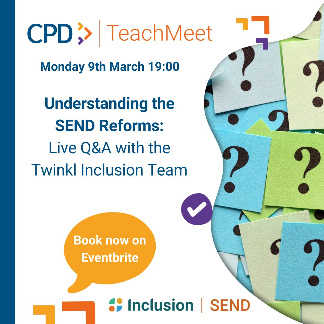 TwinklSLT's tweet image. Calling all SENCOs and teachers!

Let's tackle the SEND reforms together. Join our live Q&amp;amp;A with the Twinkl Inclusion Team to get the support you need. 🤝

Book your free ticket here: twinkl.co.uk/l/bwmea

#SENCO #SpecialEducation #CPD #EducationReforms