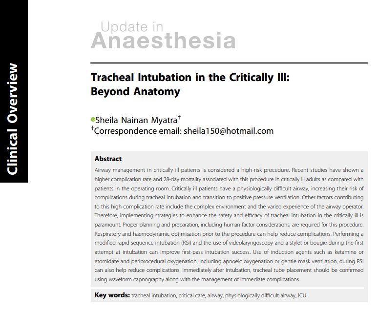 wfsaorg's tweet photo. Airway management in the critically ill goes far beyond anatomy 🫁⚠️
This #UpdateInAnaesthesia article explores the physiologically difficult airway and highlights preparation, optimisation, modified rapid sequence techniques, and tools such as video laryngoscopy to improve safety and first-pass success.
Read here: https://t.co/rjp4HivZbE
Explore UIA Vol 41: https://t.co/Yighu0hJii