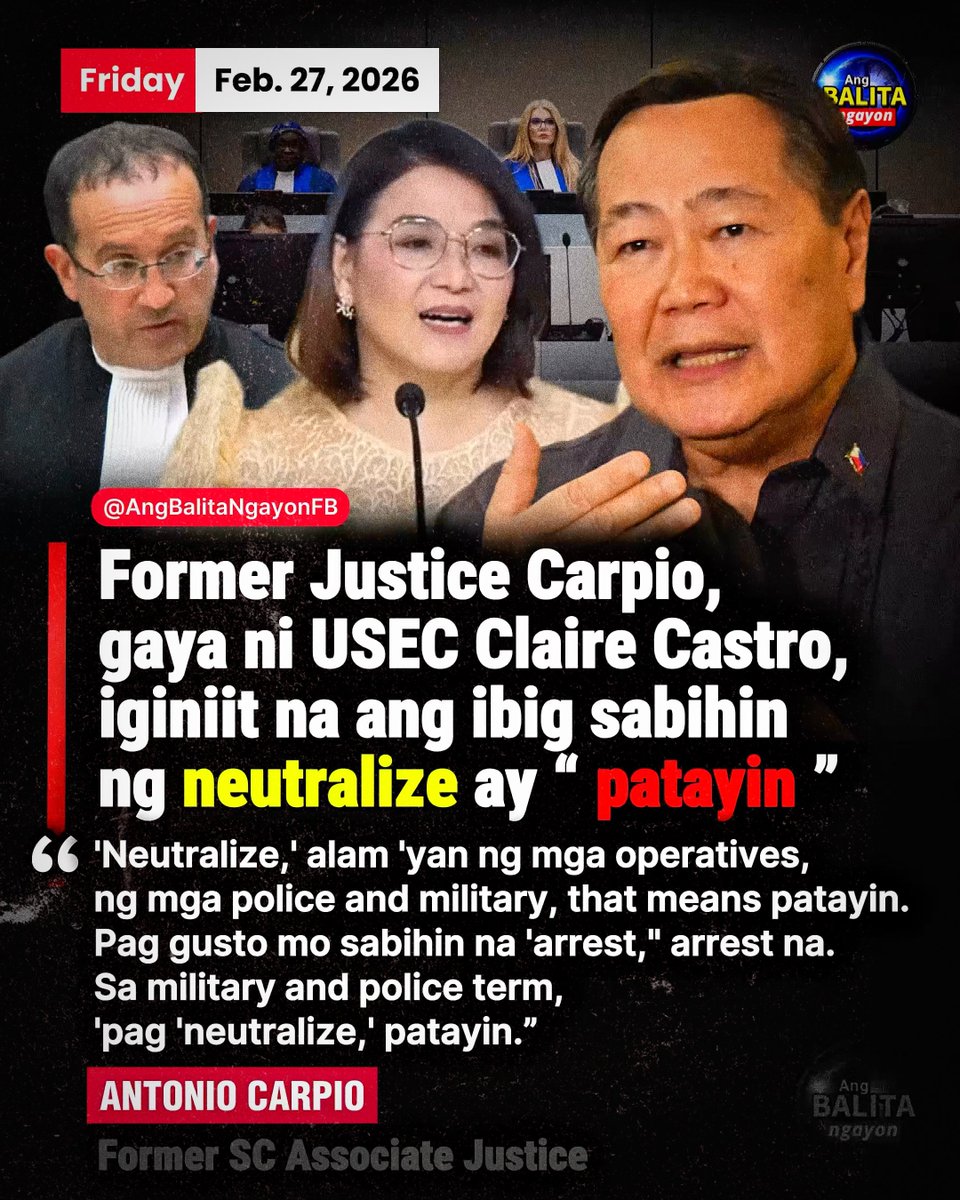 FORMER JUSTICE CARPIO, KAISA NI CLAIRE CASTRO: “NEUTRALIZE” IBIG SABIHIN DAW, PAT*YIN

Nagkakapareho ang pananaw ni retired Supreme Court Senior Associate Justice Antonio Carpio at ni Presidential Communications Undersecretary Claire Castro pagdating sa interpretasyon ng salitang