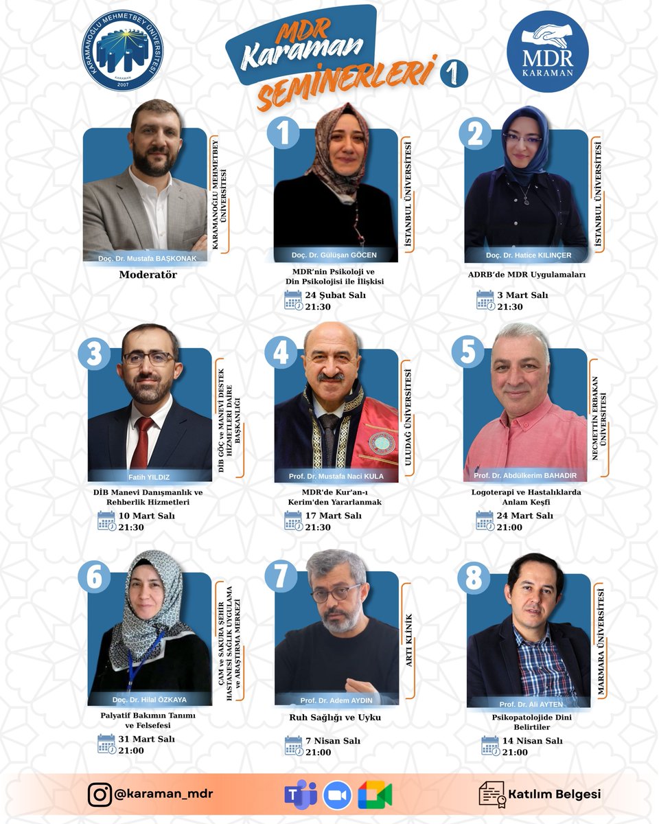 UniversiteKmu's tweet photo. Üniversitemiz Sosyal Bilimler Enstitüsü Manevi Danışmanlık ve Rehberlik Tezsiz Yüksek Lisans Programı tarafından programın aktif öğrencileri ile mezunlarına yönelik 14 hafta sürecek seminer programı başladı. https://t.co/263TbzN61u