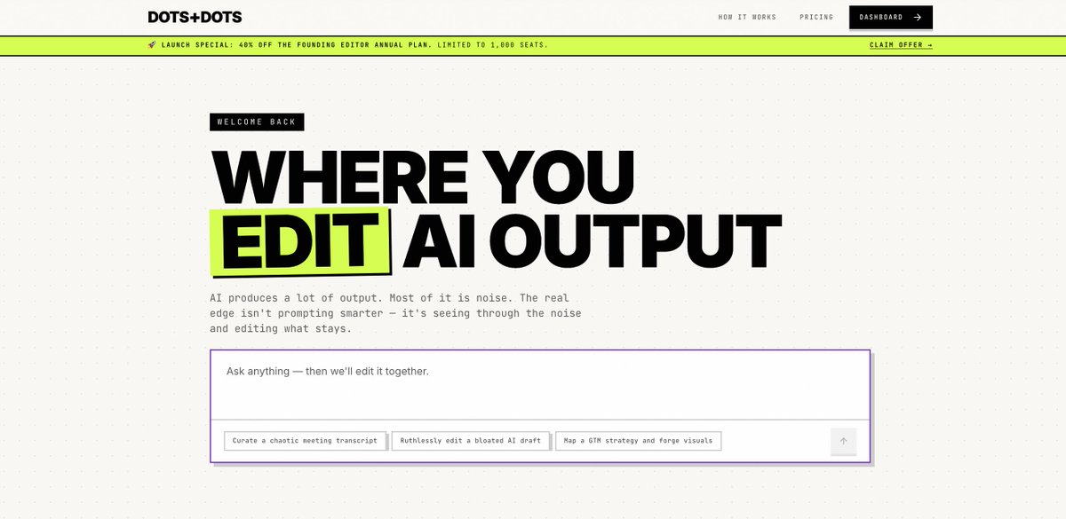 janainascalise's tweet photo. @Brandox_dsgn Hello :) I got tired of scrolling through chats to find that one idea that resonated, so I built *Dots+Dots.* You compare answers, 'dot' what matters, strike what doesn't and more. Its' your editing space https://t.co/o6XuJ4a0dY Thoughts? https://t.co/9FPqgqojub