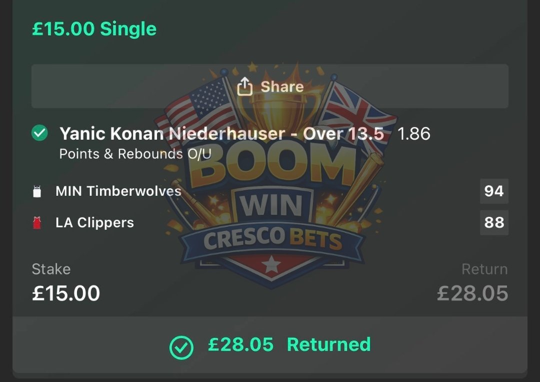 Crescobets's tweet photo. Boom another mainline winner

#nba #nbatips #BasketballPicks #NBAProps #laclippers https://t.co/e6YGZCbMr8