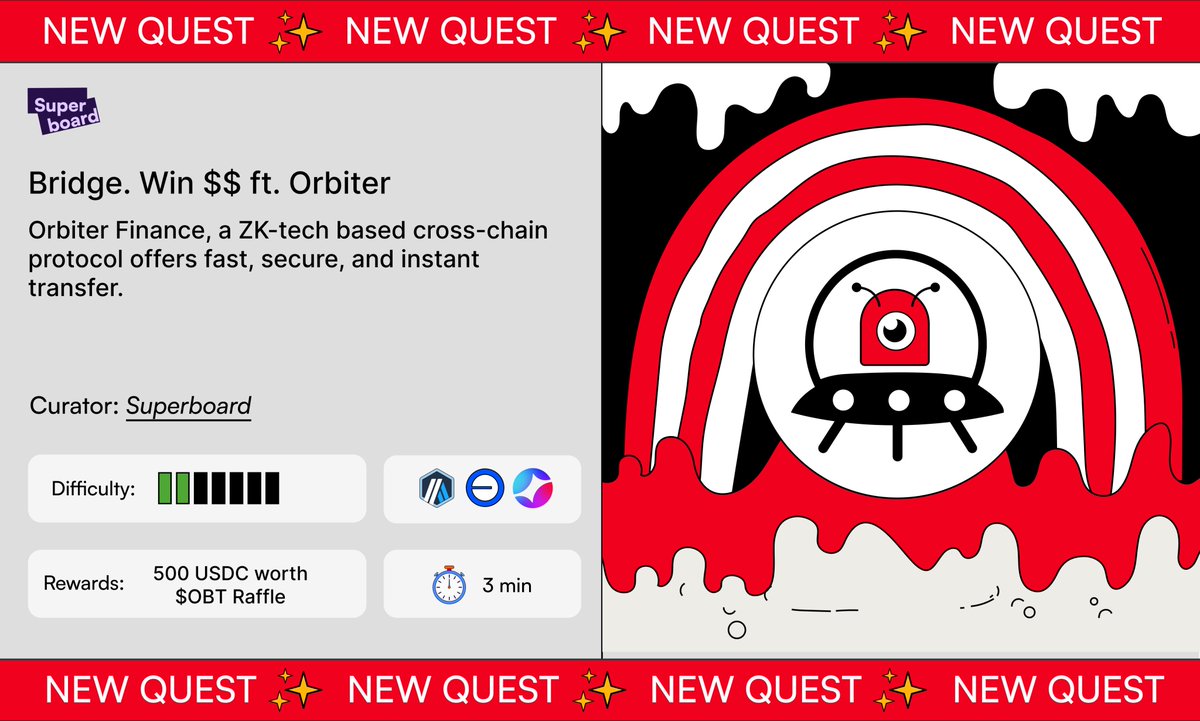 Bridge. Win $$ ft. Orbiter is live 🚀

🔓 Hold 500 SUPR Points to unlock the quest.
💸 Bridge assets via <a href="/Orbiter_Finance/">Orbiter Finance 🛸</a> 
✨ Enter the $OBT raffle worth $500 USDC.

Bridge → superboard.xyz/quests/bridge-…