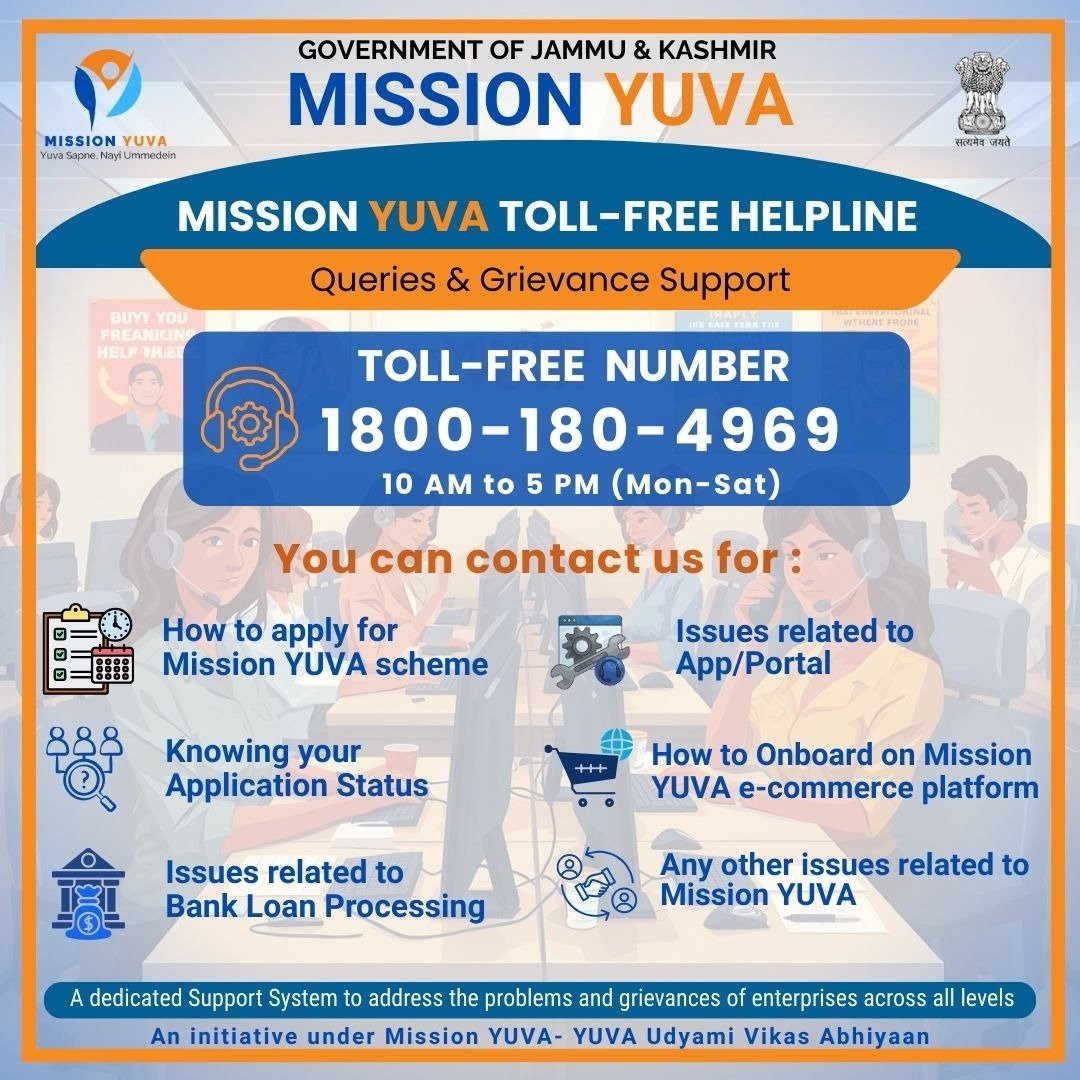 📞 MISSION YUVA Toll-Free Helpline!

Have queries or grievances regarding Mission YUVA? Call

📲 1800-180-4969
🕙 10 AM to 5 PM (Mon–Sat)

A dedicated support system for our aspiring entrepreneurs. 💼✨

#MissionYUVA