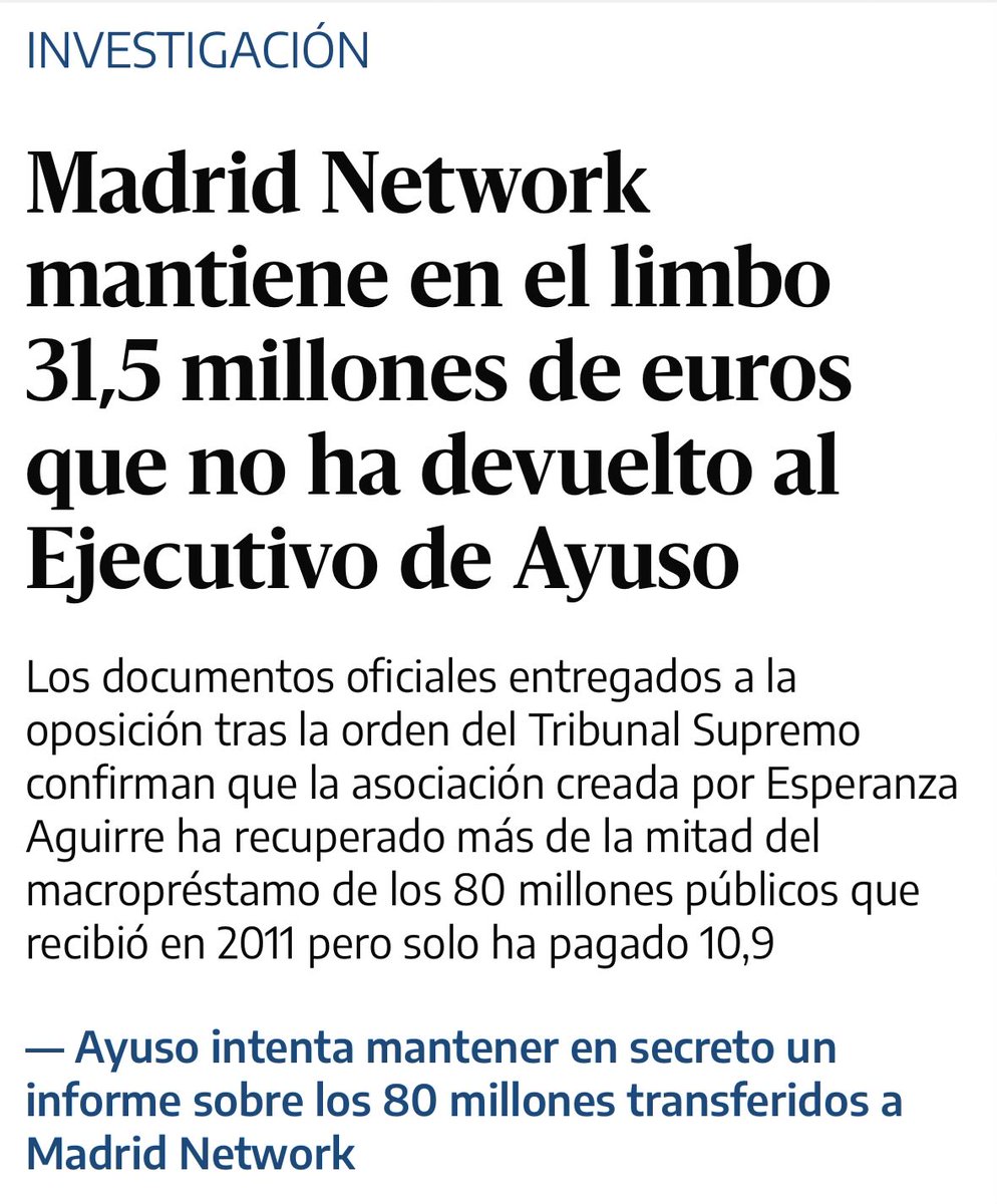 No pierdan de vista este brillante artículo de <a href="/aliciaguti/">alicia gutiérrez</a> sobre MADRIDNETWORK.

Es otra, la enésima, ‘cueva de alibaba’ del #PPAyuso y del PP de siempre. Se ve que está ‘todo el PP’ hasta las trancas en este saqueo del dinero de los madrileños. 
eldiario.es/madrid/madrid-…