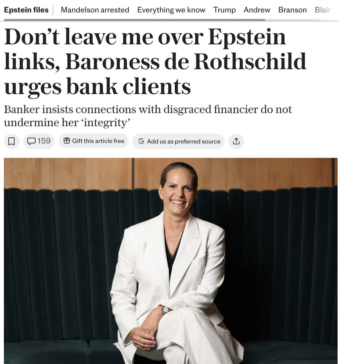 La baronne Ariane de Rothschild supplie ses clients de ne pas quitter le groupe Edmond de Rothschild en raison de ses liens avec Epstein, insistant sur le fait qu'il s'agissait d'une simple « relation d'affaires » et que ses propos ont été sortis de leur contexte.

25 millions de