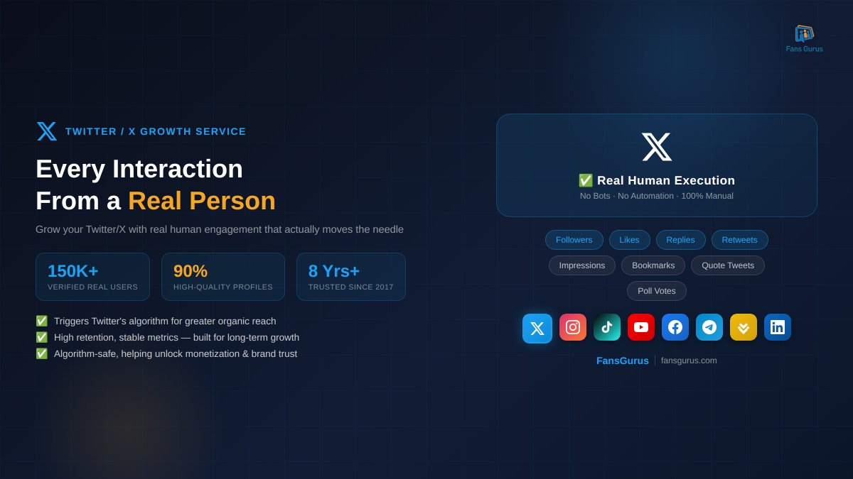 📢 Grow Your Twitter/X With Real Users — FansGurus Real Human Twitter Growth Service
👉 fansgurus.com/ref/aeh1q

Every like, follow, and retweet comes from a real person 🔥
Services: Twitter followers, likes, replies, retweets, impressions, bookmarks... complete Twitter