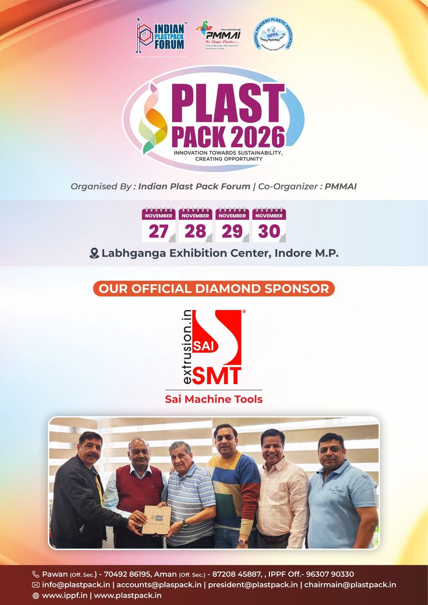 ForumPlastpack's tweet photo. We are proud to announce SAI MACHINE TOOLS PVT. LTD. as the Official Diamond Sponsor of PlastPack 2026.
We sincerely thank SAI MACHINE TOOLS PVT. LTD. for their trust and valued association.
#plastpack2026 #ippf #saimachinetools #plasticindustry #packagingindustry https://t.co/m5q4BVkhtz